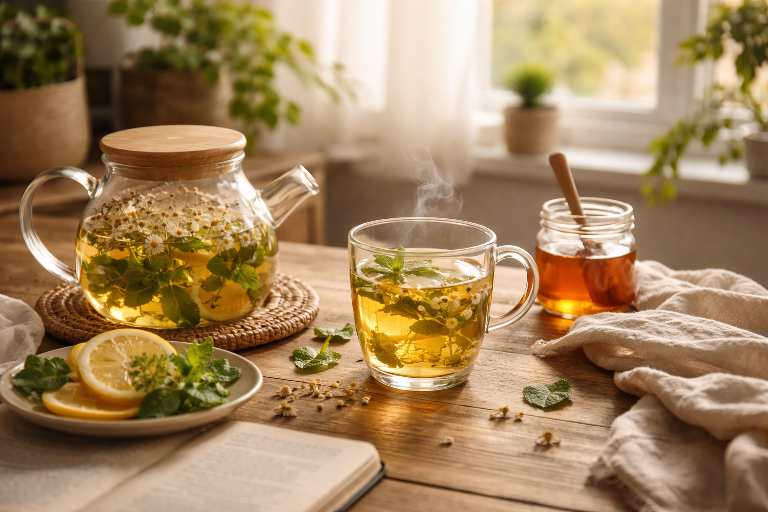 peaceful morning scene with herbal tea on wooden table, soft natural light, calm atmosphere, cozy lifestyle setting