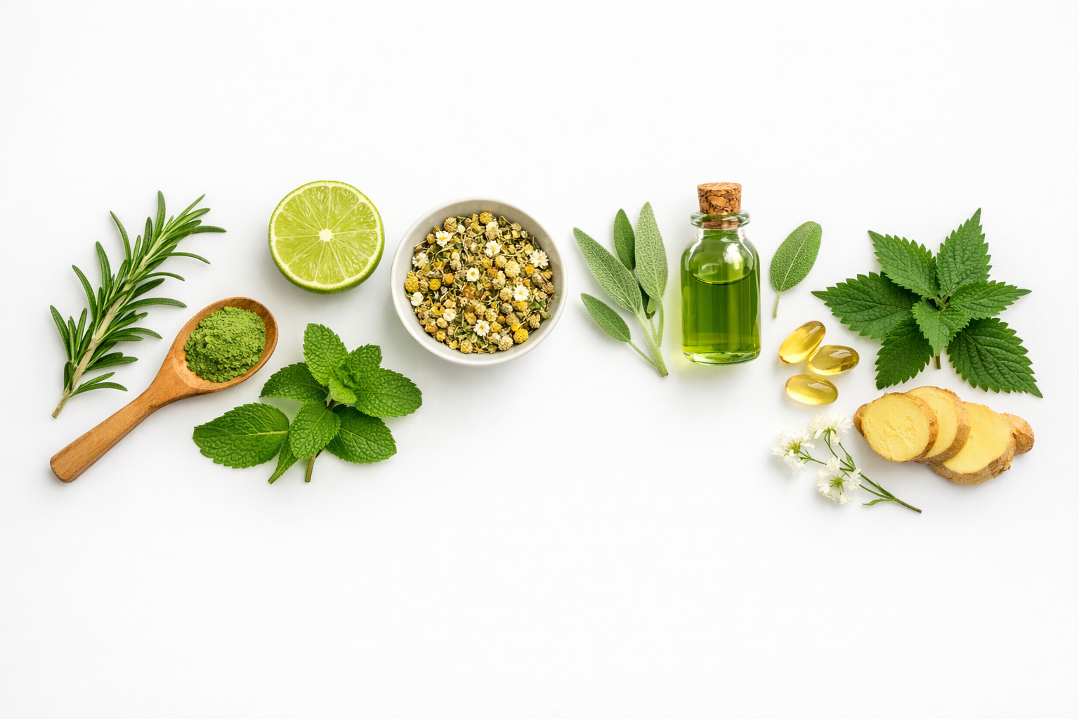 natural herbal ingredients arranged on clean white surface, minimalist composition, fresh green plants, healthy lifestyle concept